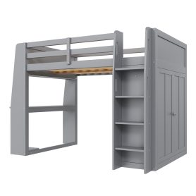 Full Size High Loft Bed with Built-in Desk, LED Lights, Storage Shelves & Double Door Wardrobe Closet