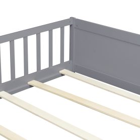 Full Size Rubber Wood Floor Bed with Guardrails, Built-in Book Rack