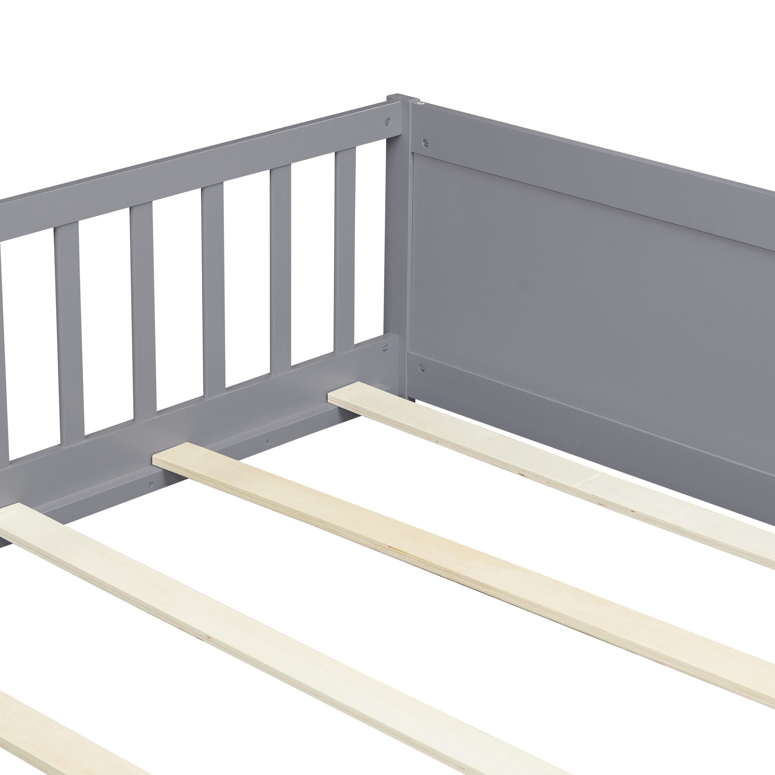 Full Size Rubber Wood Floor Bed with Guardrails, Built-in Book Rack