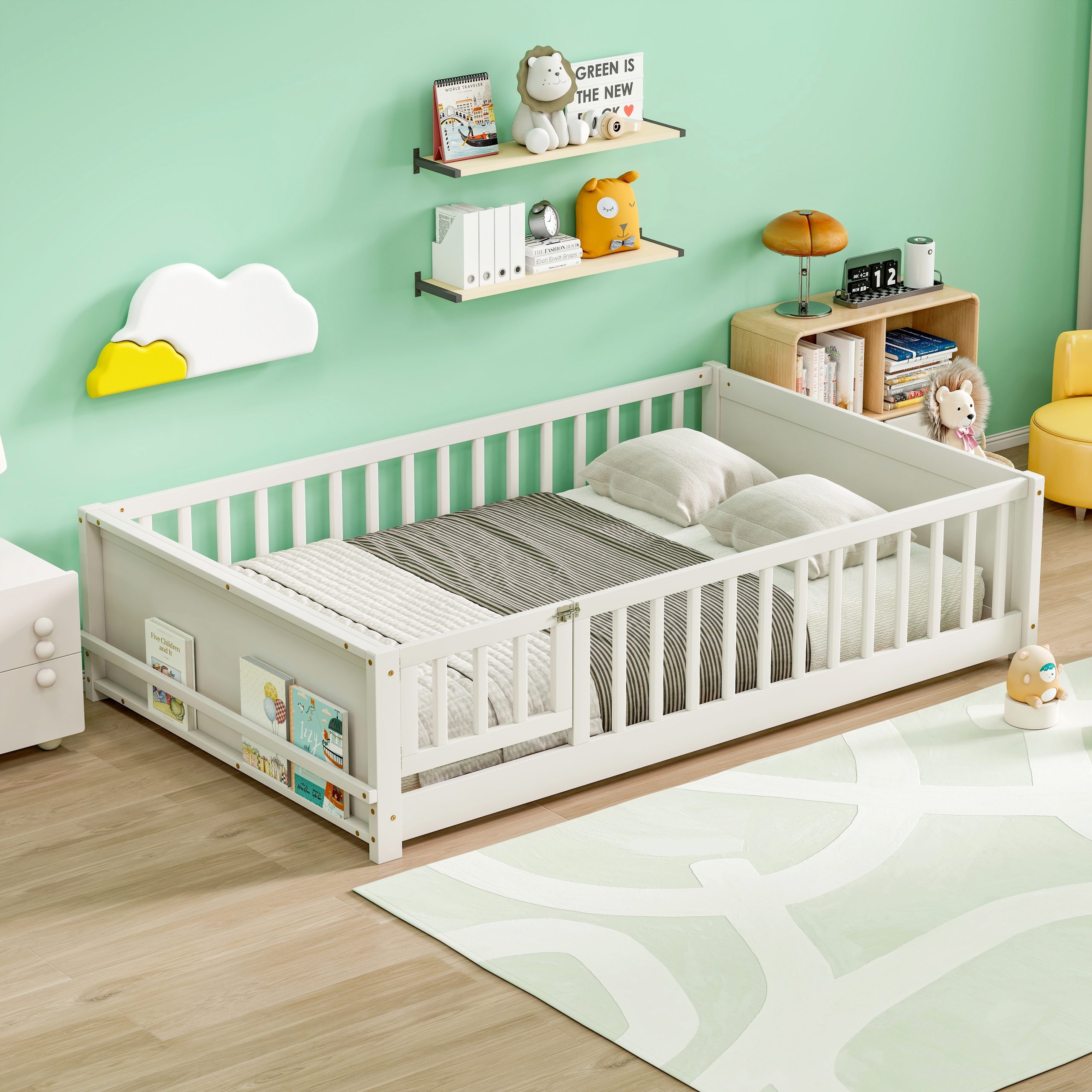 Full Size Rubber Wood Floor Bed with Guardrails, Built-in Book Rack, Door