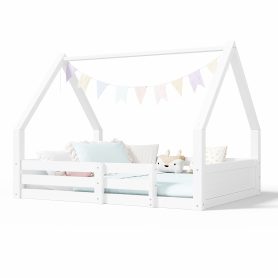 Full Size House Floor Wooden Bed with House Roof Frame, Fence Guardrails & Grooved Panel Design