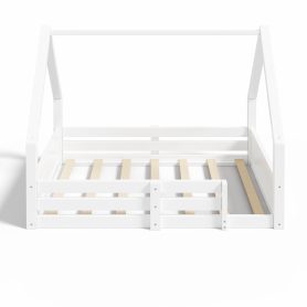 Full Size House Floor Wooden Bed with House Roof Frame, Fence Guardrails & Grooved Panel Design