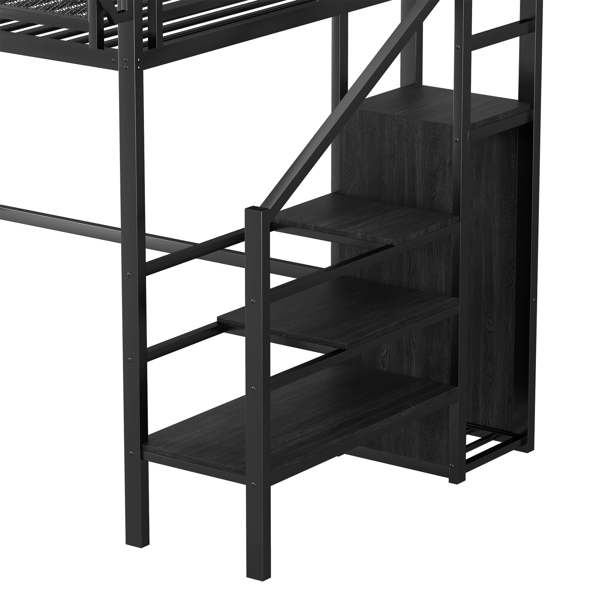 Metal Twin Xl Size Loft Bed With Stairs, Storage Shelves and Wardrobe