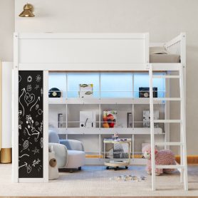 Full Size Wood Loft Bed with LED Light, Chalkboard Panel and Book Shelves