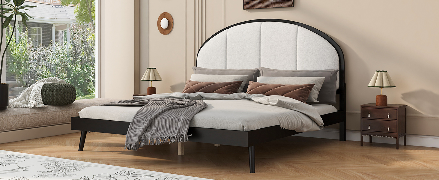 Queen Size Upholstered Platform Bed Frame With Linen Headboard