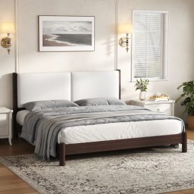 Wooden Platform Bed with PU Leather Headboard, King Size