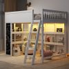 Full Size Wood Loft Bed with LED Light, Chalkboard Panel and Book Shelves