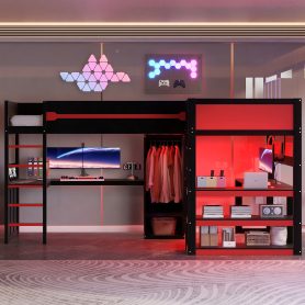Twin Size L-Shaped Gaming Loft Bed, Multi-Color LED Lights, USB Ports, Pegboard, Built-in Wardrobe & Storage Shelves