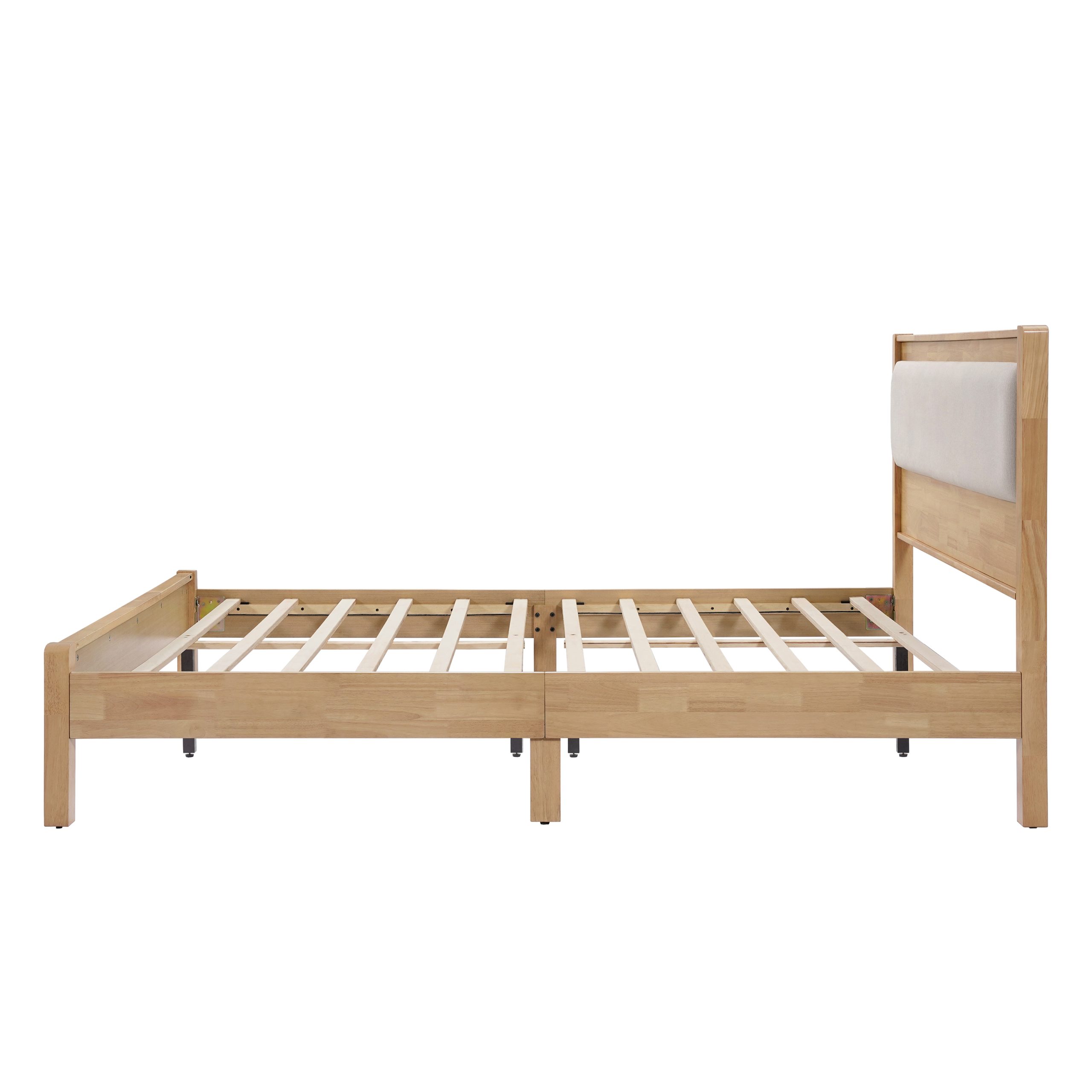 Queen Size Solid Rubber Wooden Bed With Upholstered Headboard