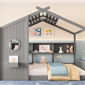 Full Size Floor House Bed for Toddler, Kids