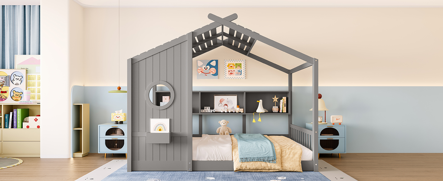 Full Size Floor House Bed for Toddler, Kids