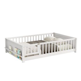 Full Size Rubber Wood Floor Bed with Guardrails, Built-in Book Rack, Door