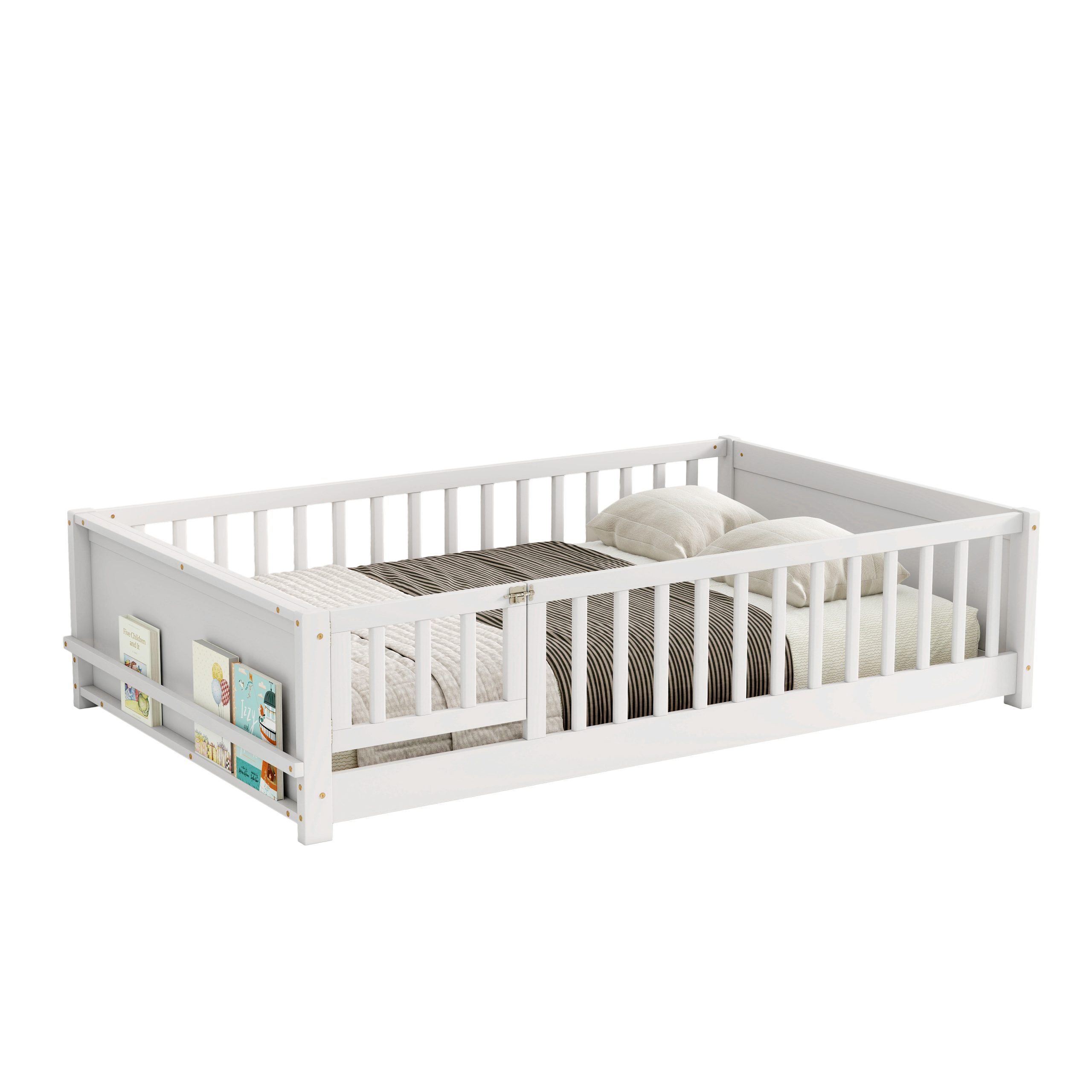 Full Size Rubber Wood Floor Bed with Guardrails, Built-in Book Rack, Door