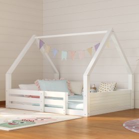Full Size House Floor Wooden Bed with House Roof Frame, Fence Guardrails & Grooved Panel Design
