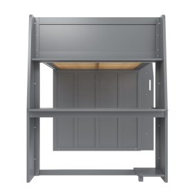 Full Size High Loft Bed with Built-in Desk, LED Lights, Storage Shelves & Double Door Wardrobe Closet