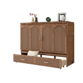 Pine Wood Cabinet Bed with Charging Station and Ripple Decoration Panels