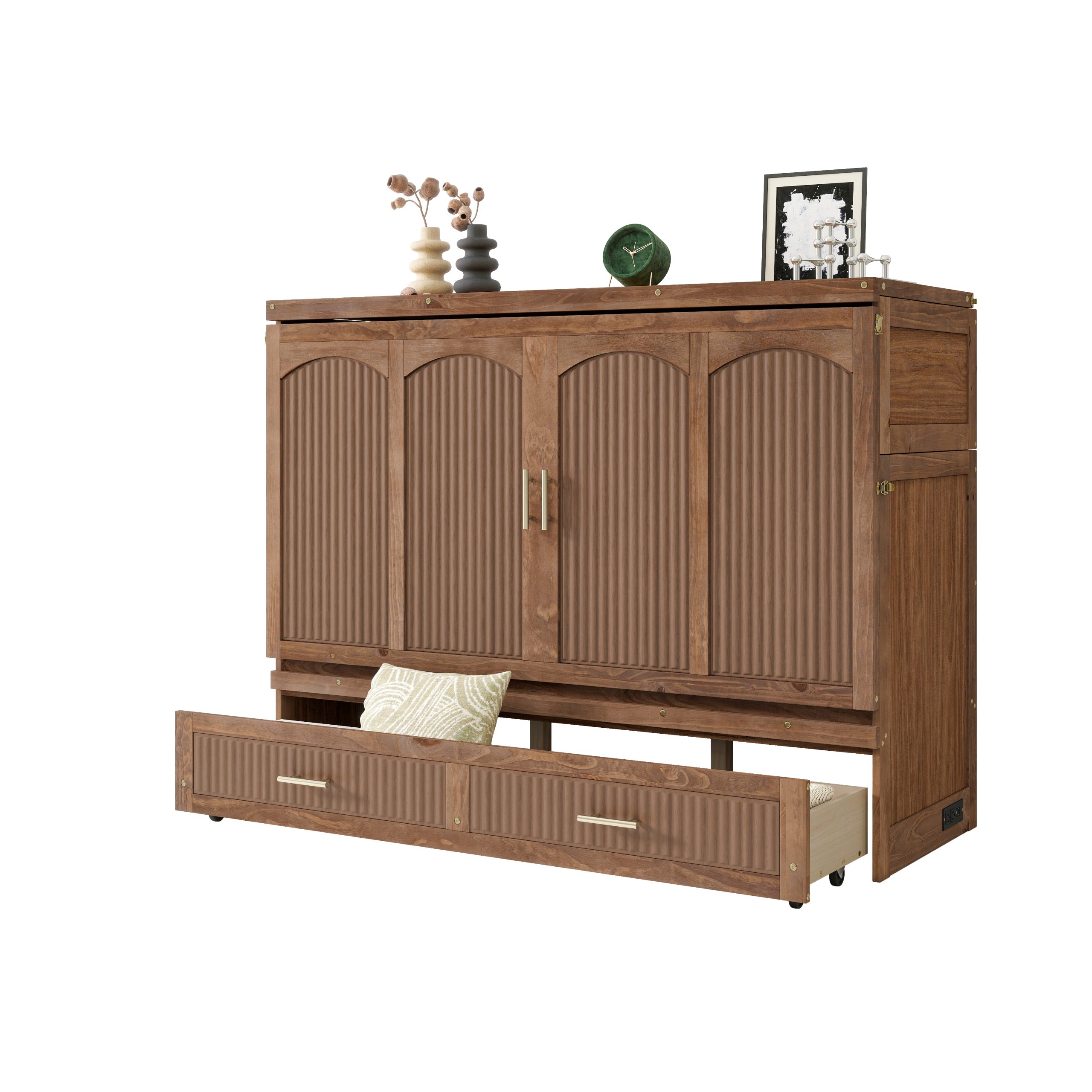 Pine Wood Cabinet Bed with Charging Station and Ripple Decoration Panels
