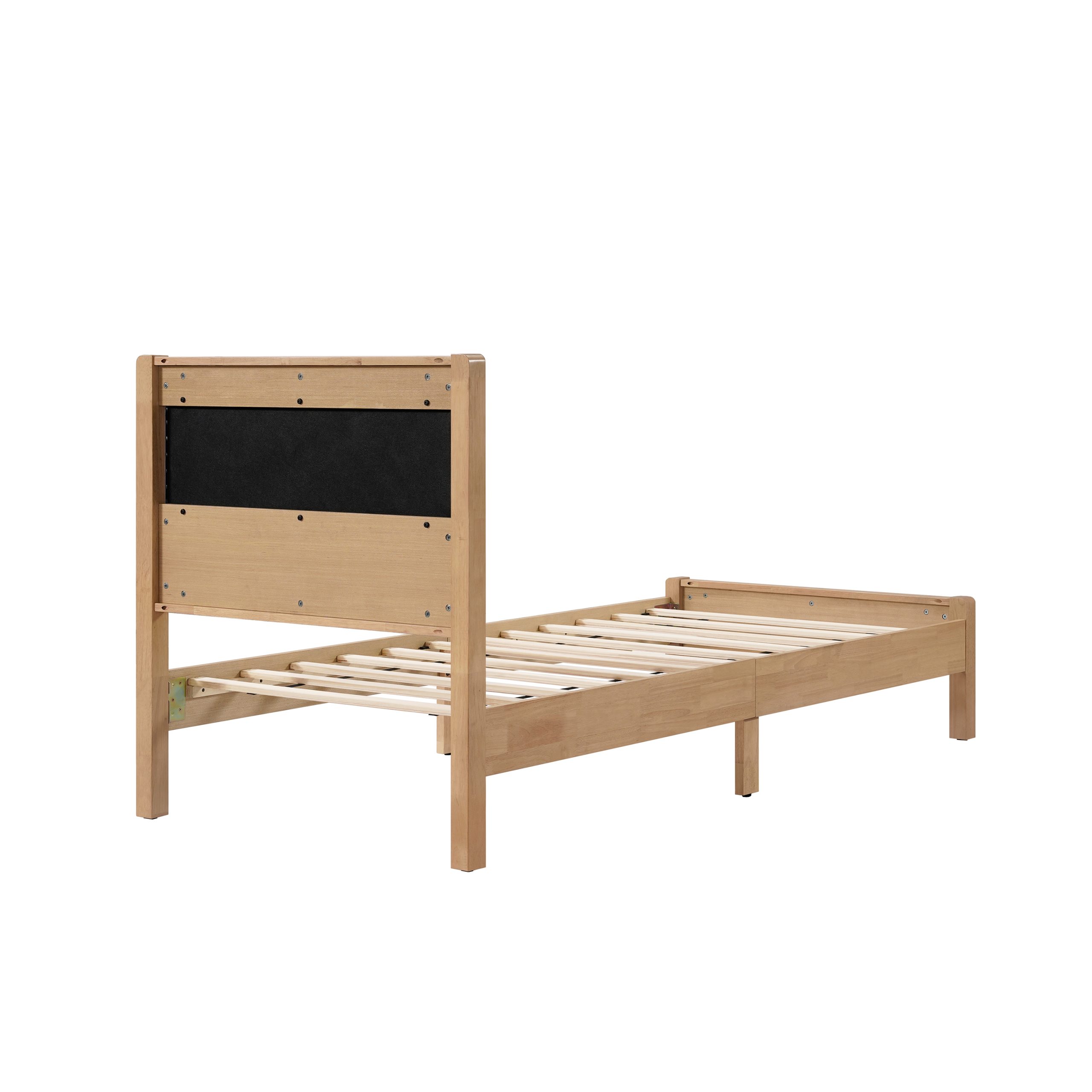 Twin Xl Size Solid Rubber Wooden Bed With Upholstered Headboard