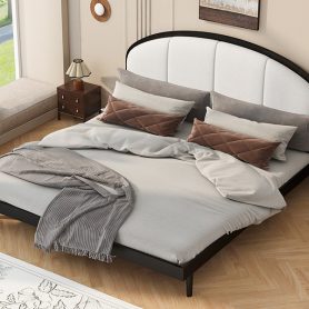 King Size Upholstered Platform Bed Frame With Linen Headboard