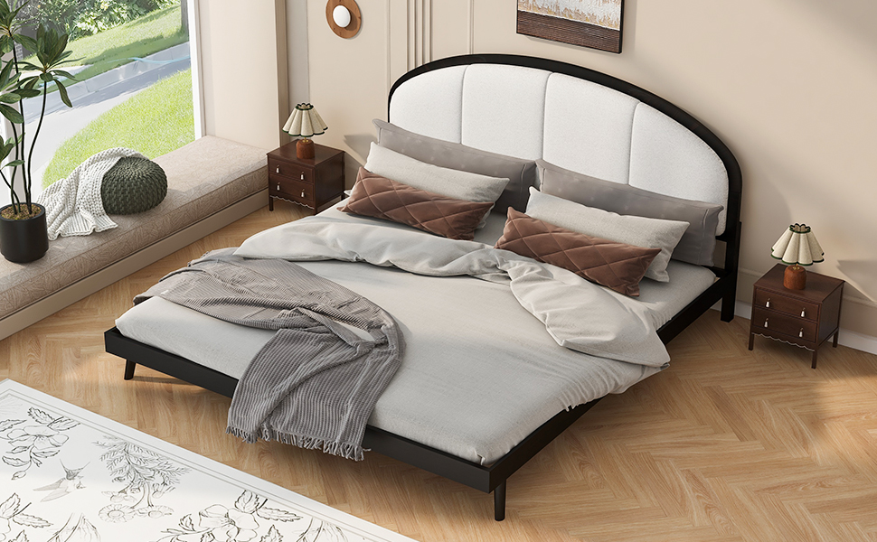 King Size Upholstered Platform Bed Frame With Linen Headboard