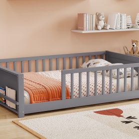Full Size Rubber Wood Floor Bed with Guardrails, Built-in Book Rack