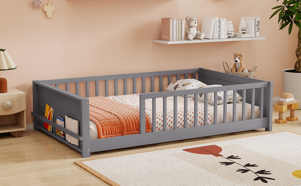 Full Size Rubber Wood Floor Bed with Guardrails, Built-in Book Rack