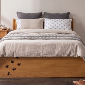 Queen Wood Platform Bed with Removable Headboard, Under-Bed Pet Maze & Private Space, Decorative Footboard, Detachable Slats