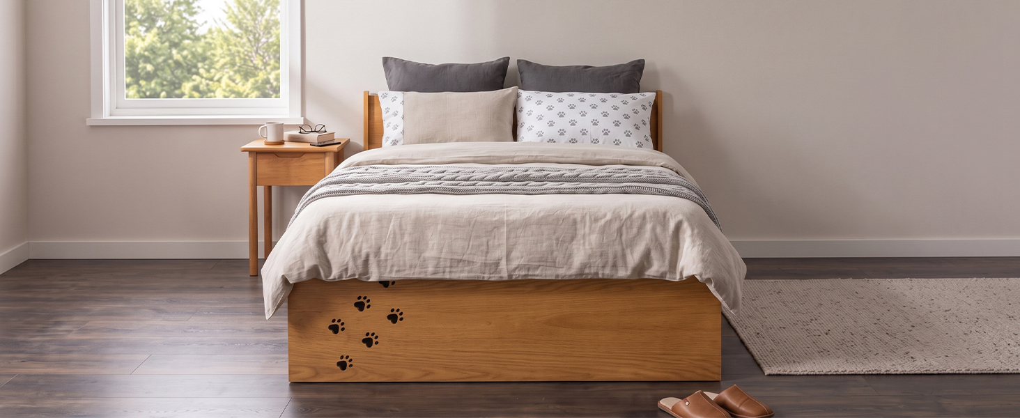 Queen Wood Platform Bed with Removable Headboard, Under-Bed Pet Maze & Private Space, Decorative Footboard, Detachable Slats