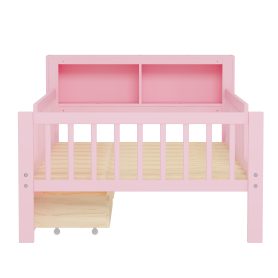 Twin Size Bed with Headboard Storage Rack, Two Under-Bed Drawers, Three-Side Guardrails for Safety and Securit
