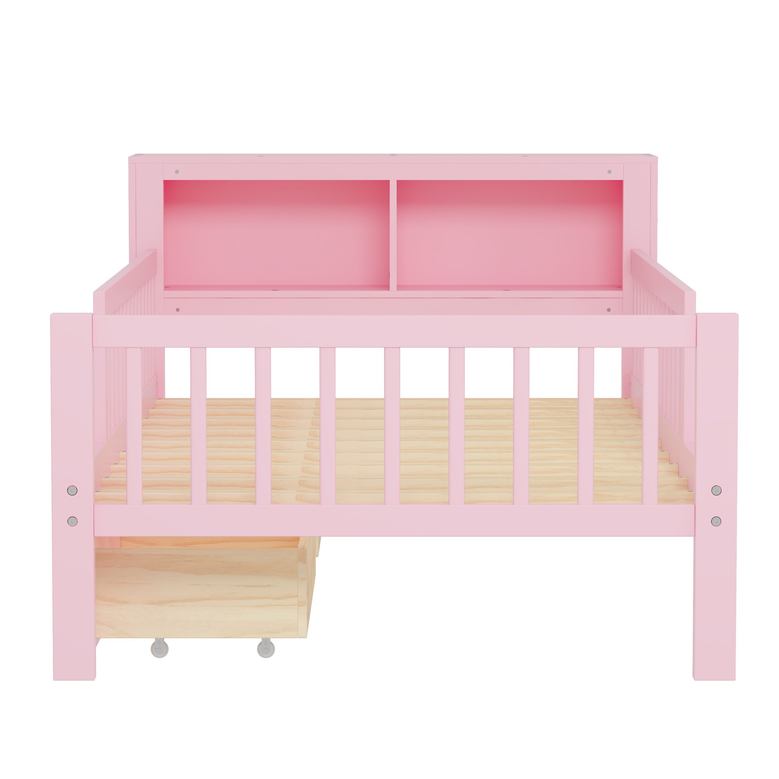 Twin Size Bed with Headboard Storage Rack, Two Under-Bed Drawers, Three-Side Guardrails for Safety and Securit