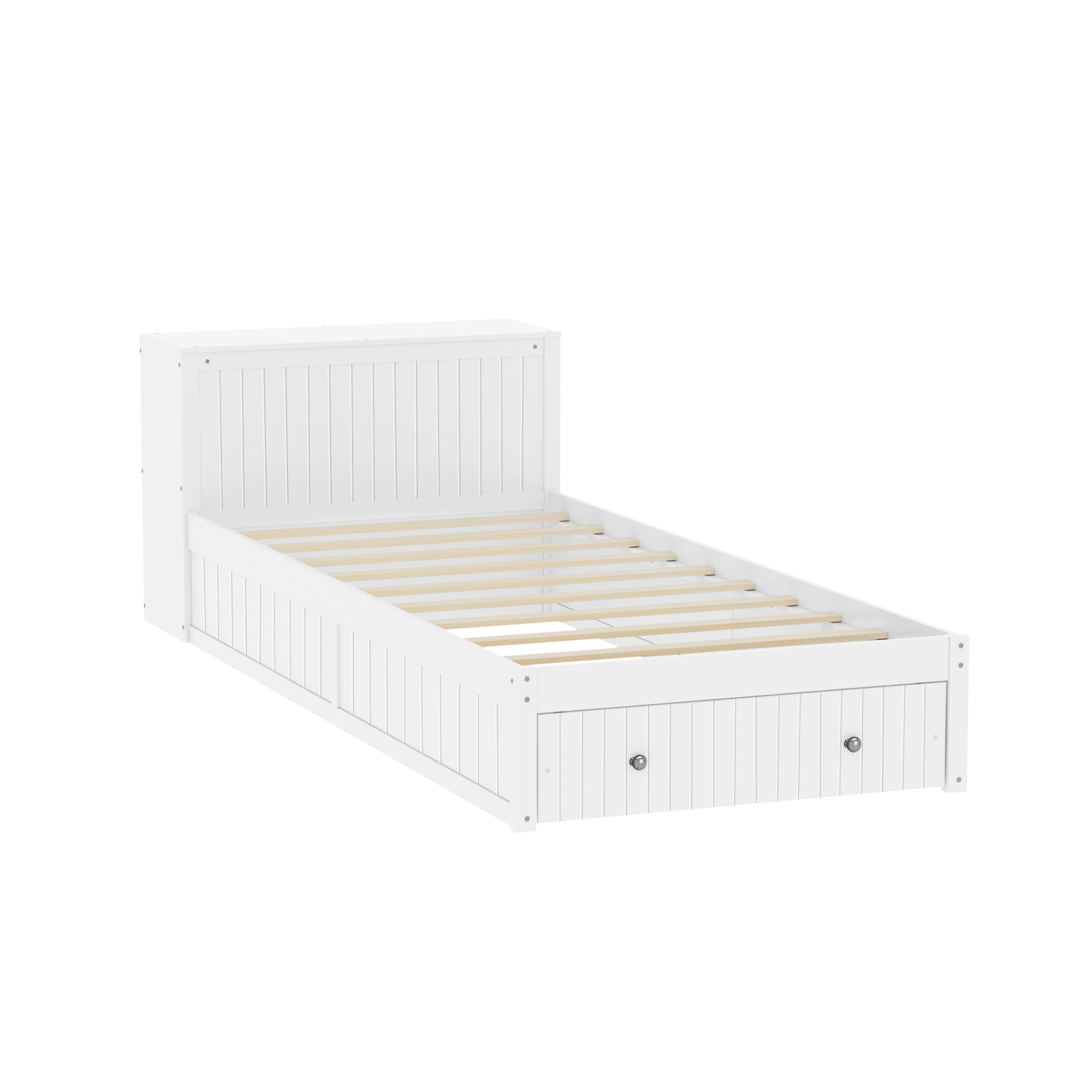 Twin Wood Bed Frame with wide Headboard, Footboard Drawers & Side Shelves