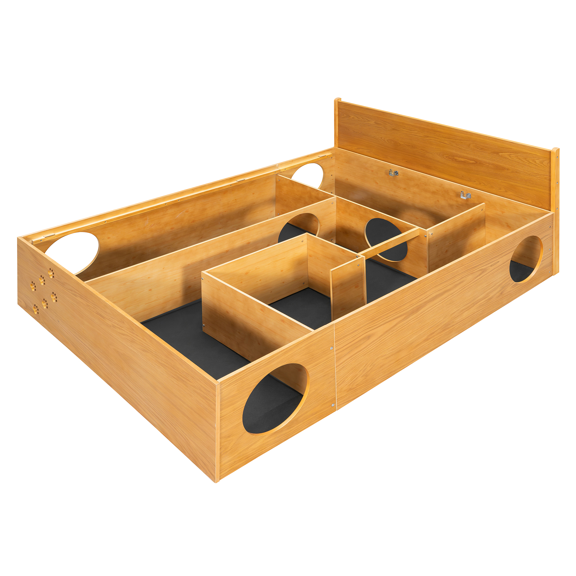 Queen Wood Platform Bed with Removable Headboard, Under-Bed Pet Maze & Private Space, Decorative Footboard, Detachable Slats