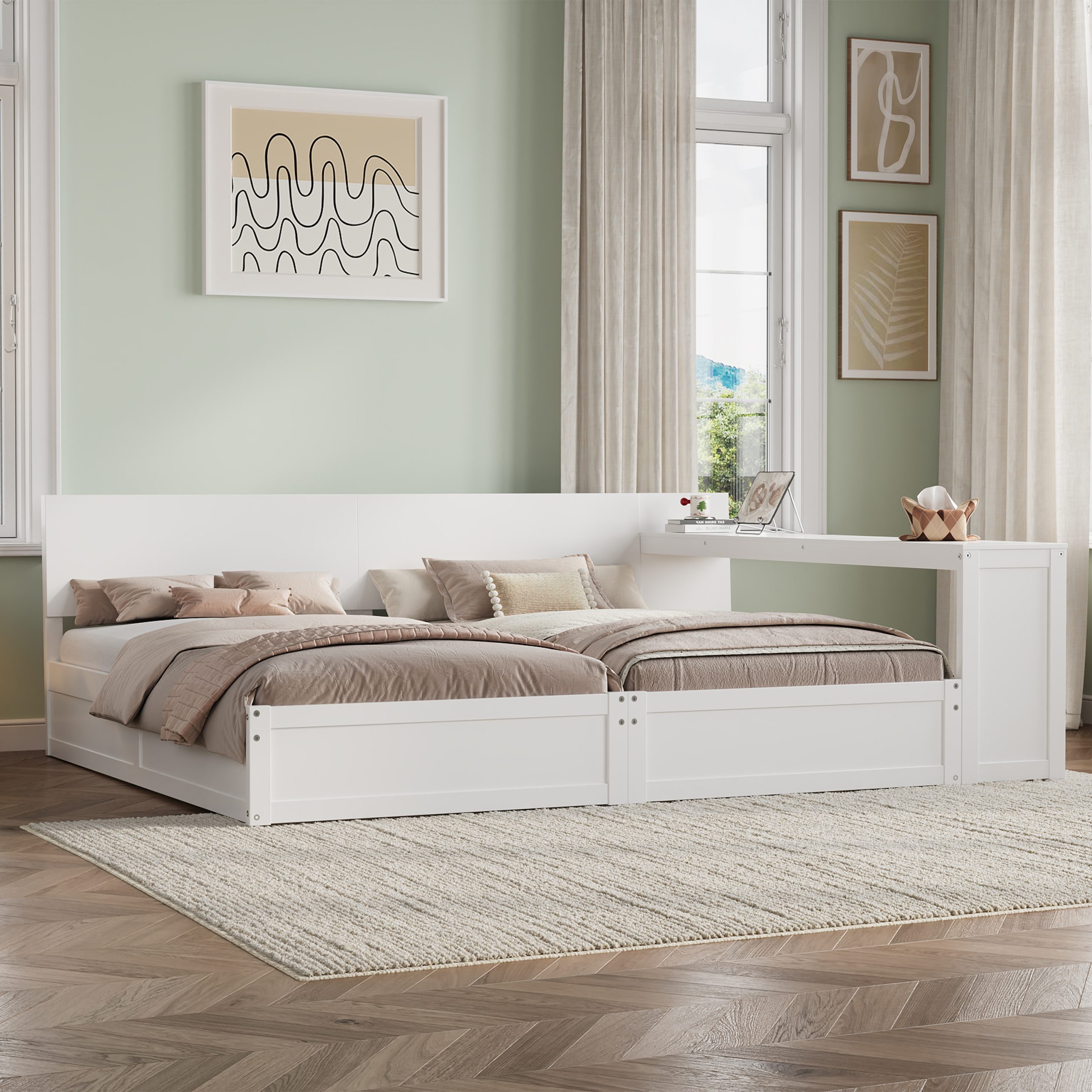 Twin Platform Bed Frame Set with Adjustable Storage Desk