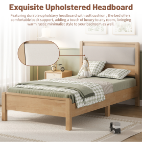 Twin Xl Size Solid Rubber Wooden Bed With Upholstered Headboard