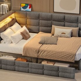 Upholstered Twin Size Daybed with Storage 2 Drawers and Charging Station