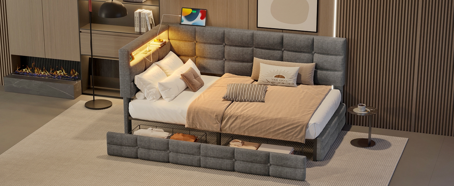 Upholstered Twin Size Daybed with Storage 2 Drawers and Charging Station
