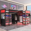 Twin Size L-Shaped Gaming Loft Bed, Multi-Color LED Lights, USB Ports, Pegboard, Built-in Wardrobe & Storage Shelves