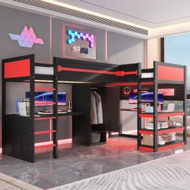 Twin Size L-Shaped Gaming Loft Bed, Multi-Color LED Lights, USB Ports, Pegboard, Built-in Wardrobe & Storage Shelves