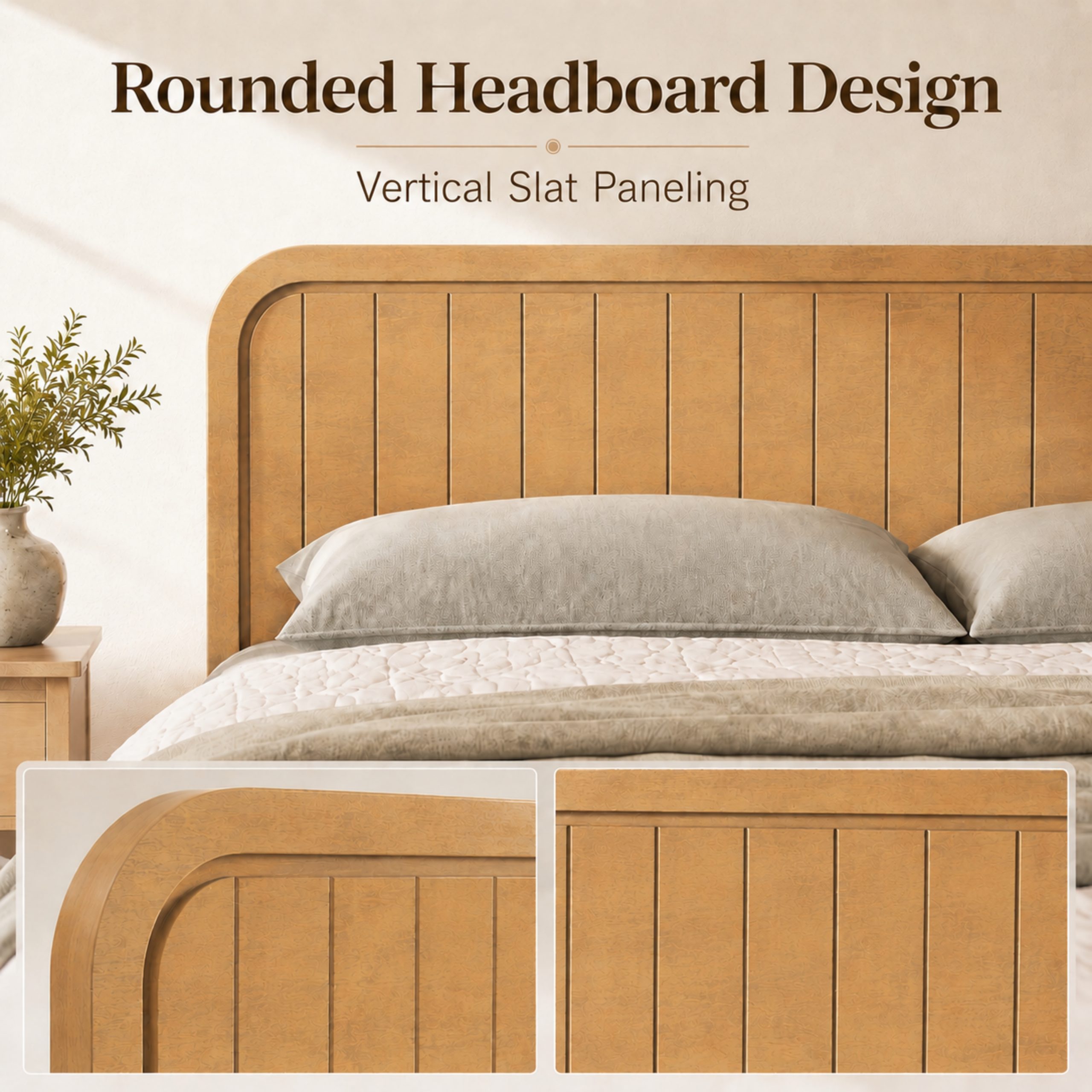 Wood King Bed Frame With Headboard, Noise-free Design, No Box Spring Needed