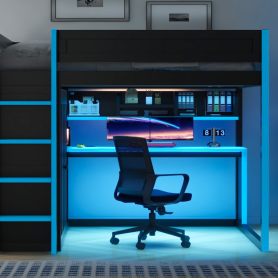 Full Size Loft Bed with Built-in Wardrobe, USB, Desk, Over-Desk Storage Shelves & Under-Desk LED Lights