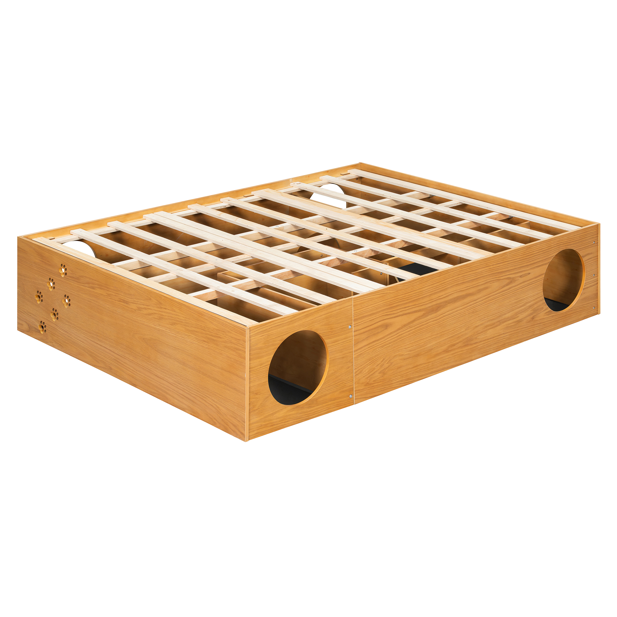 Queen Wood Platform Bed with Removable Headboard, Under-Bed Pet Maze & Private Space, Decorative Footboard, Detachable Slats