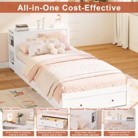Twin Wood Bed Frame with wide Headboard, Footboard Drawers & Side Shelves