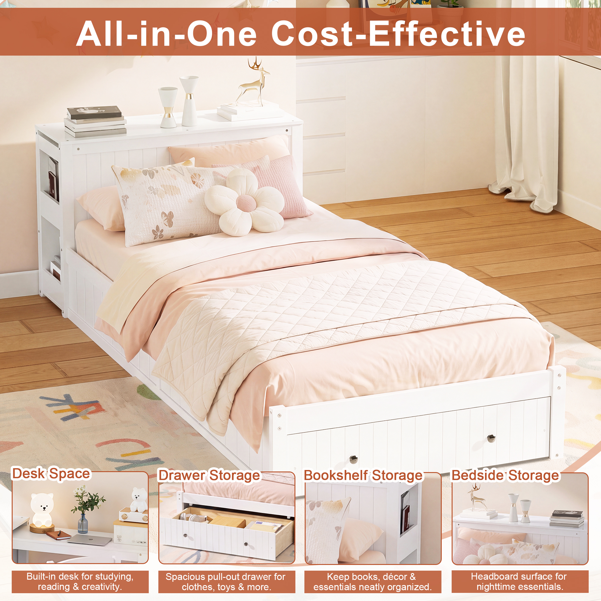 Twin Wood Bed Frame with wide Headboard, Footboard Drawers & Side Shelves