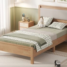 Twin Xl Size Solid Rubber Wooden Bed With Upholstered Headboard