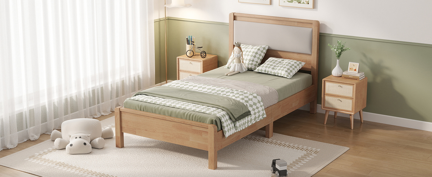 Twin Xl Size Solid Rubber Wooden Bed With Upholstered Headboard