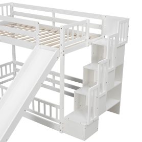 Twin Over Twin Bunk Bed With Slide, Storage Staircase, Bedside Storage Rack, LED Lights