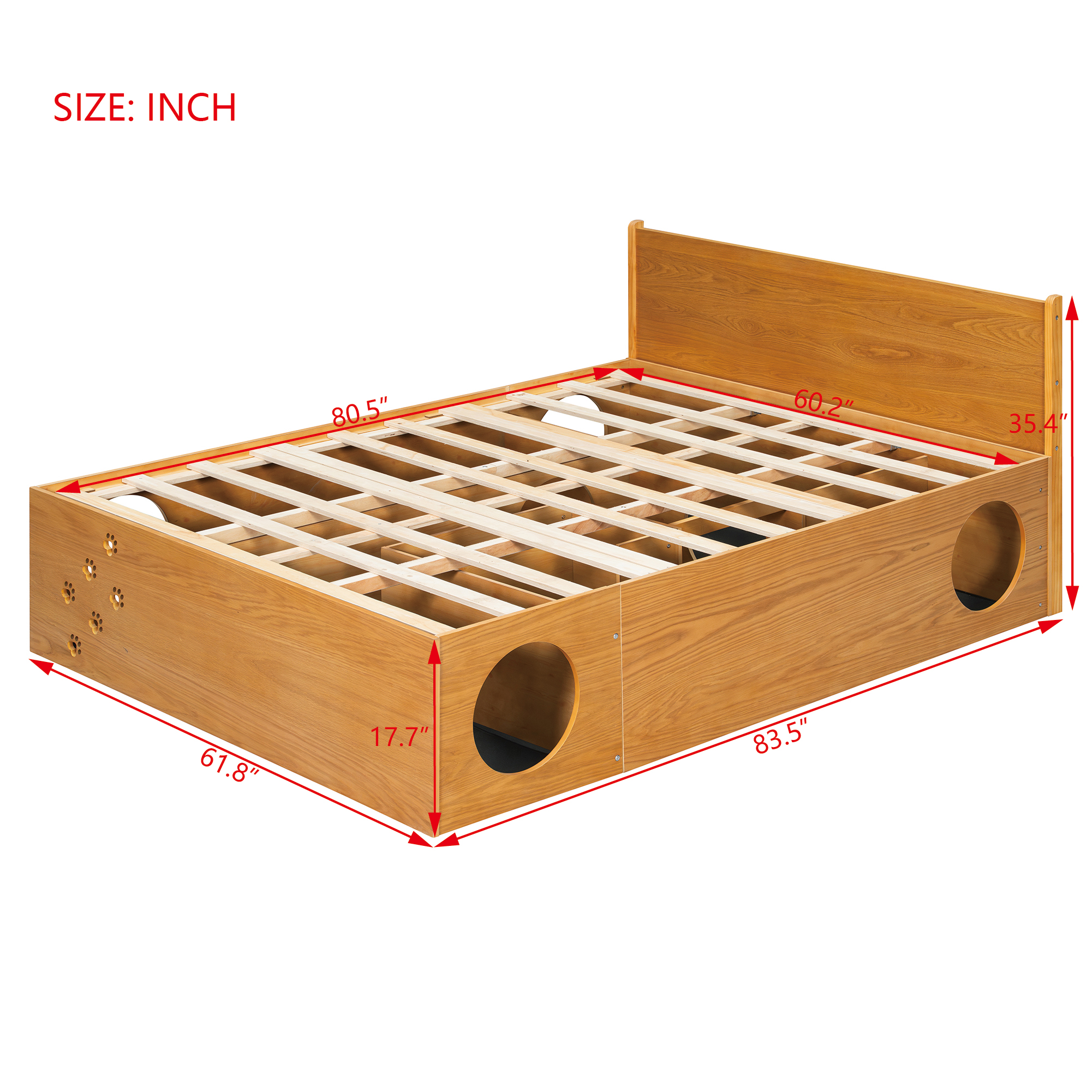 Queen Wood Platform Bed with Removable Headboard, Under-Bed Pet Maze & Private Space, Decorative Footboard, Detachable Slats