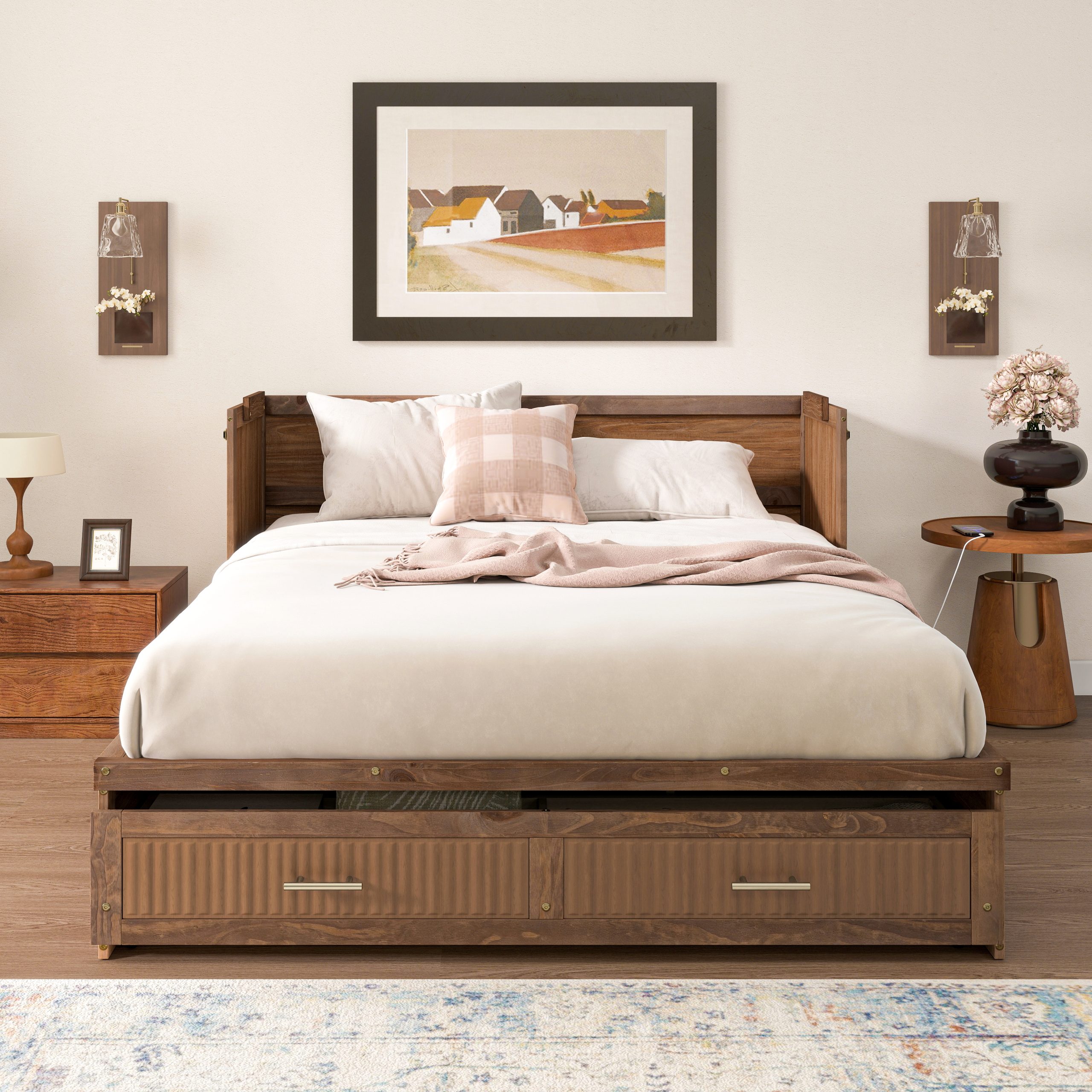 Pine Wood Cabinet Bed with Charging Station and Ripple Decoration Panels