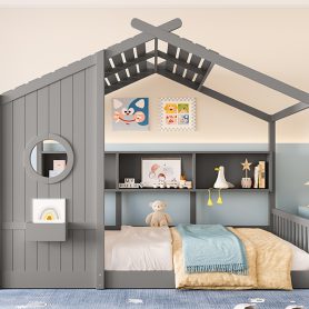 Full Size Floor House Bed for Toddler, Kids