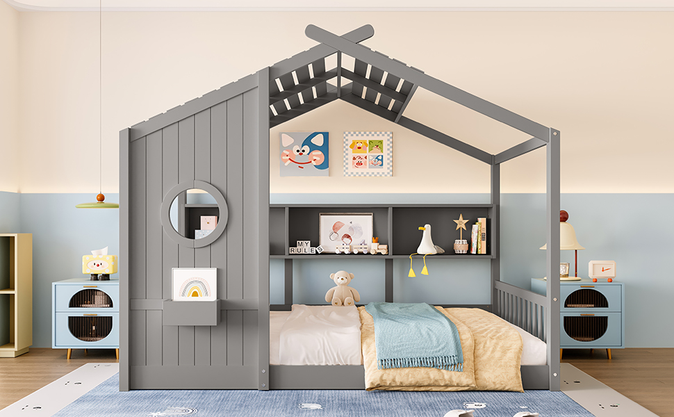 Full Size Floor House Bed for Toddler, Kids